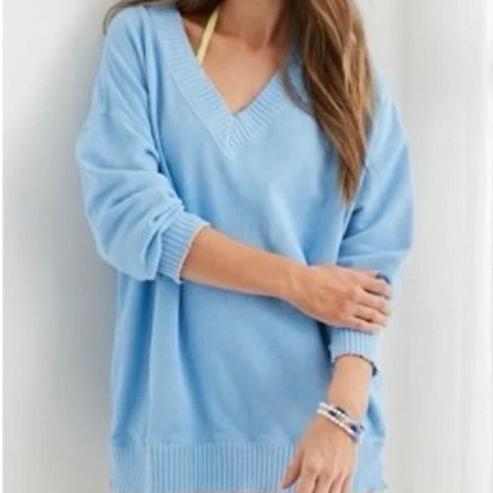 Aerie Down to Earth V Neck Sweatshirt Small Blue Oversized Distressed